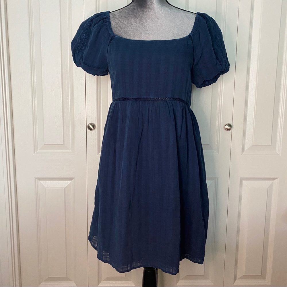 American Eagle Navy Blue Puff Sleeve Babydoll Mini Dress Embroidery Details NEW